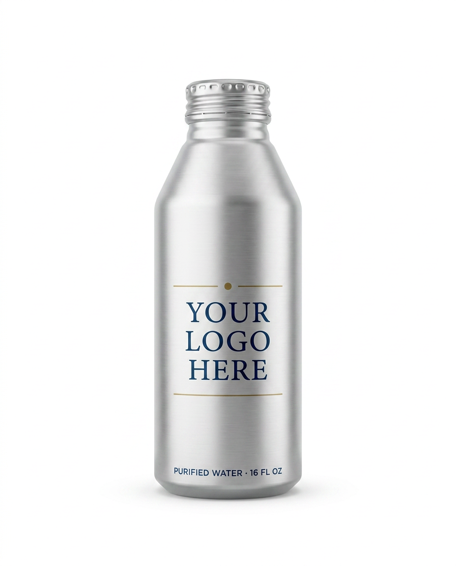 A 16oz silver aluminum Aurum bottle printed with a “Your Logo Here” placeholder design