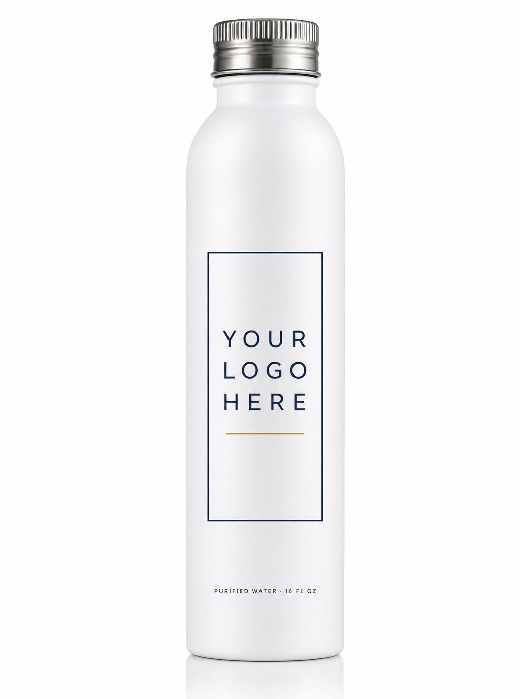 A slender white aluminum Lumina bottle printed with a “Your Logo Here” placeholder design