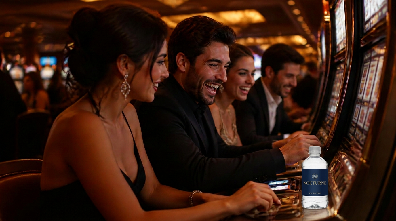 Friends playing slot machines with a branded 10 oz clear Plastic bottle beside them