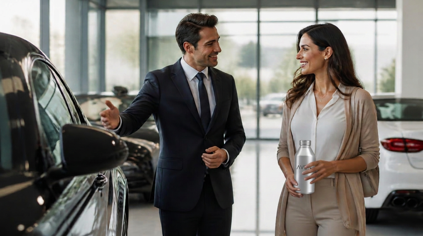 A salesperson showing a car to a customer holding a realistically scaled silver Alumitek aluminum bottle