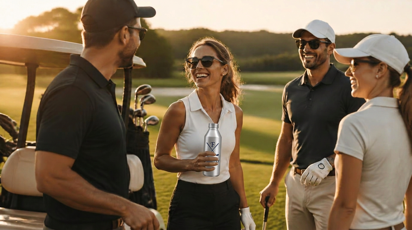 Friends on a golf course with a realistically scaled, direct-printed silver Alumitek aluminum bottle