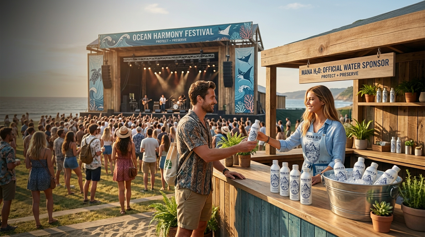 A MANA H2O attendant handing a guest a white marine-life conservation bottle at an ocean protection music festival