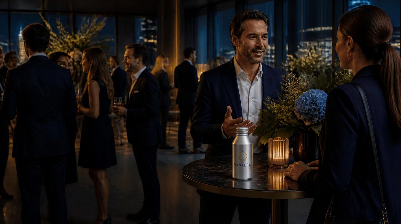 Professionals connecting at an elegant company event with a realistically scaled silver Vantera-branded Alumitek aluminum bottle