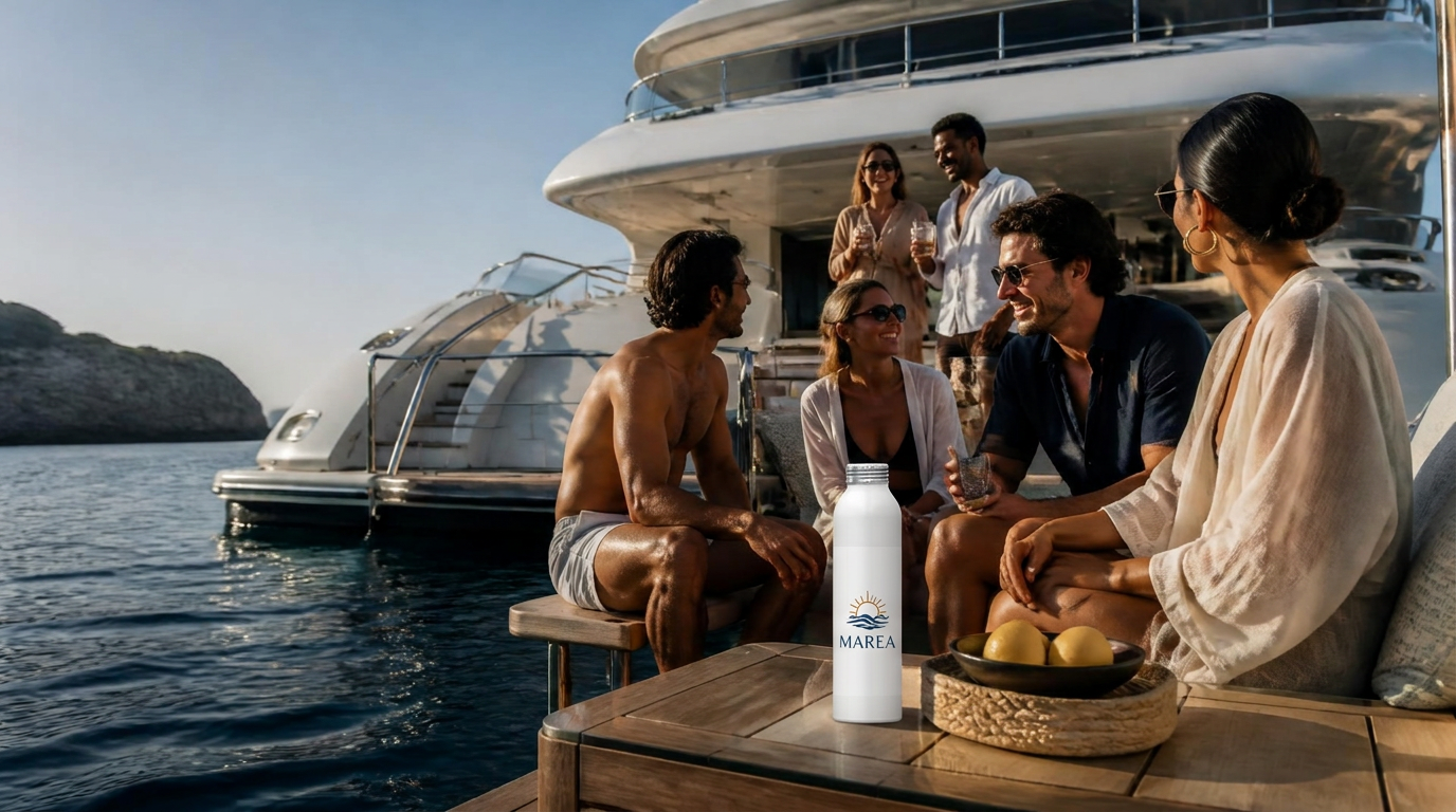 Friends in elegant swimwear enjoying a superyacht with a realistically scaled white Marea-branded Trivium aluminum bottle