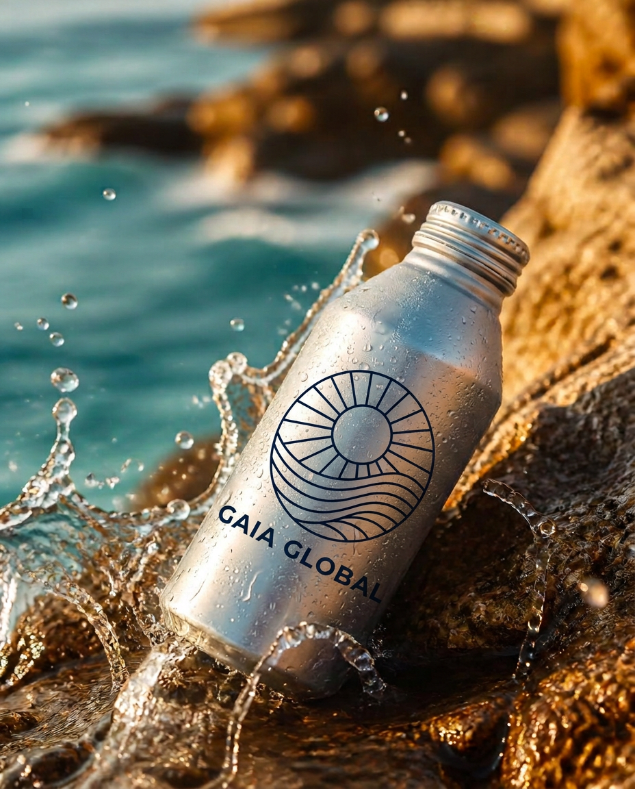 A correctly proportioned silver Aurum aluminum bottle with fictional direct-print branding among splashing coastal rocks