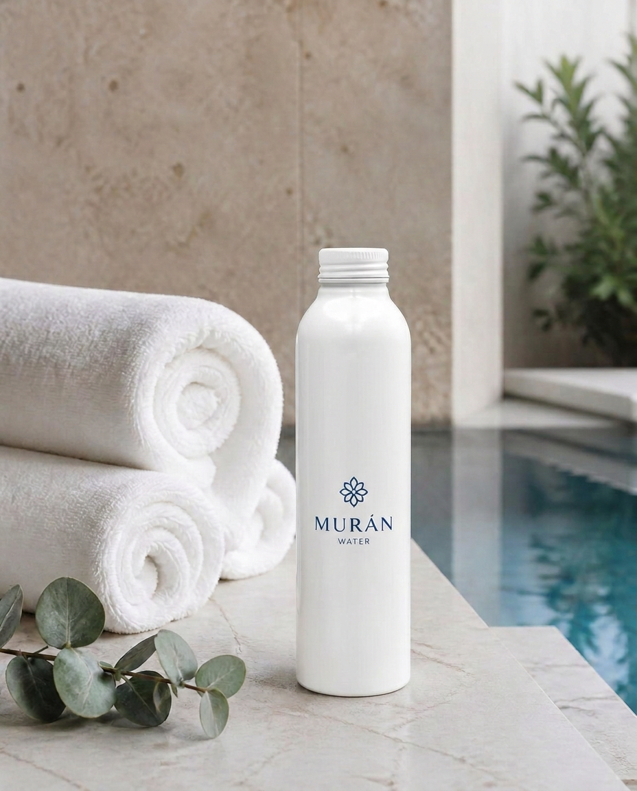 A tall slender white Trivium aluminum bottle on a spa ledge with towels and eucalyptus