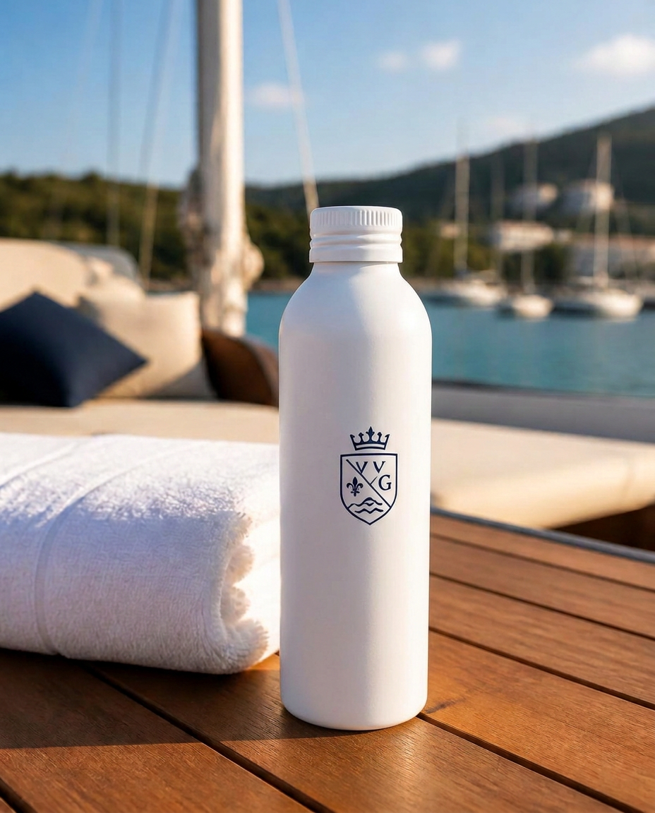 A tall slender white Trivium aluminum bottle with a navy crest on a yacht deck