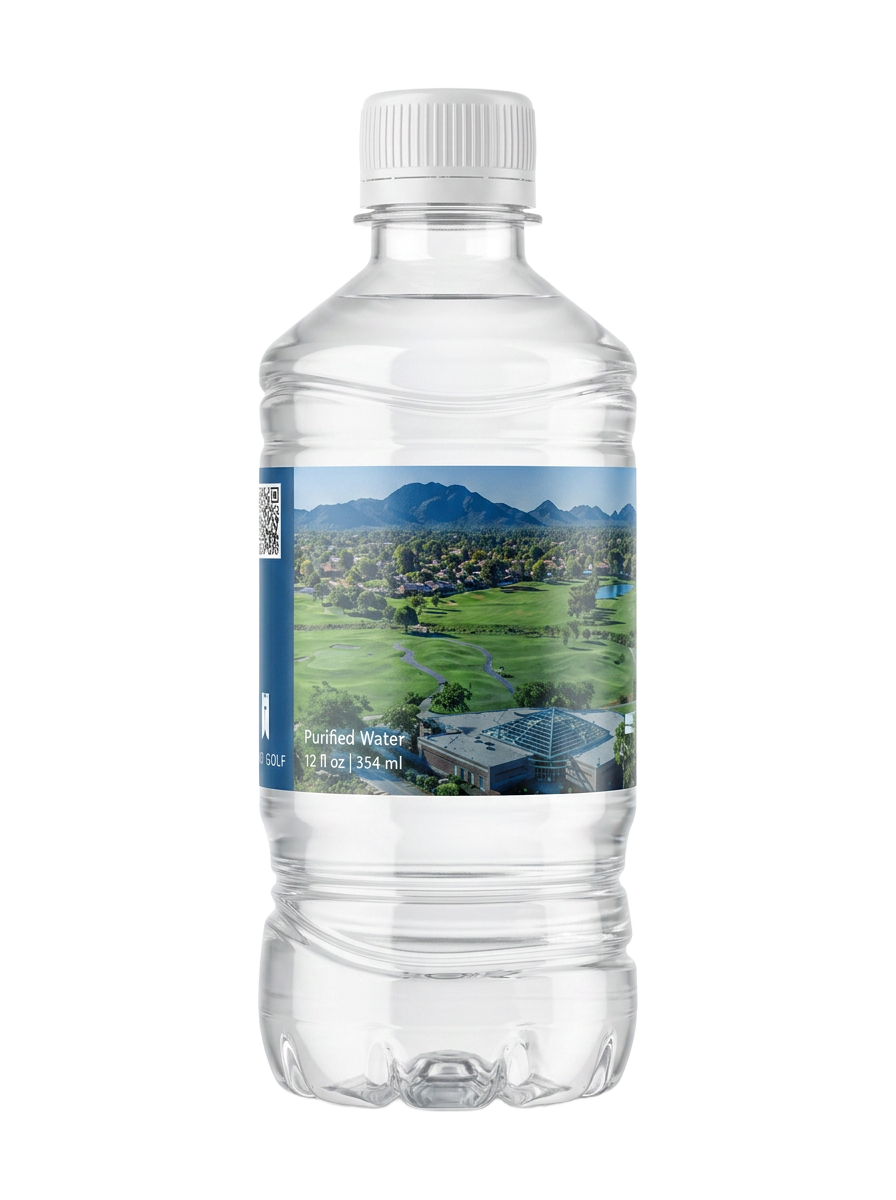 A real private-label plastic water bottle with golf community artwork