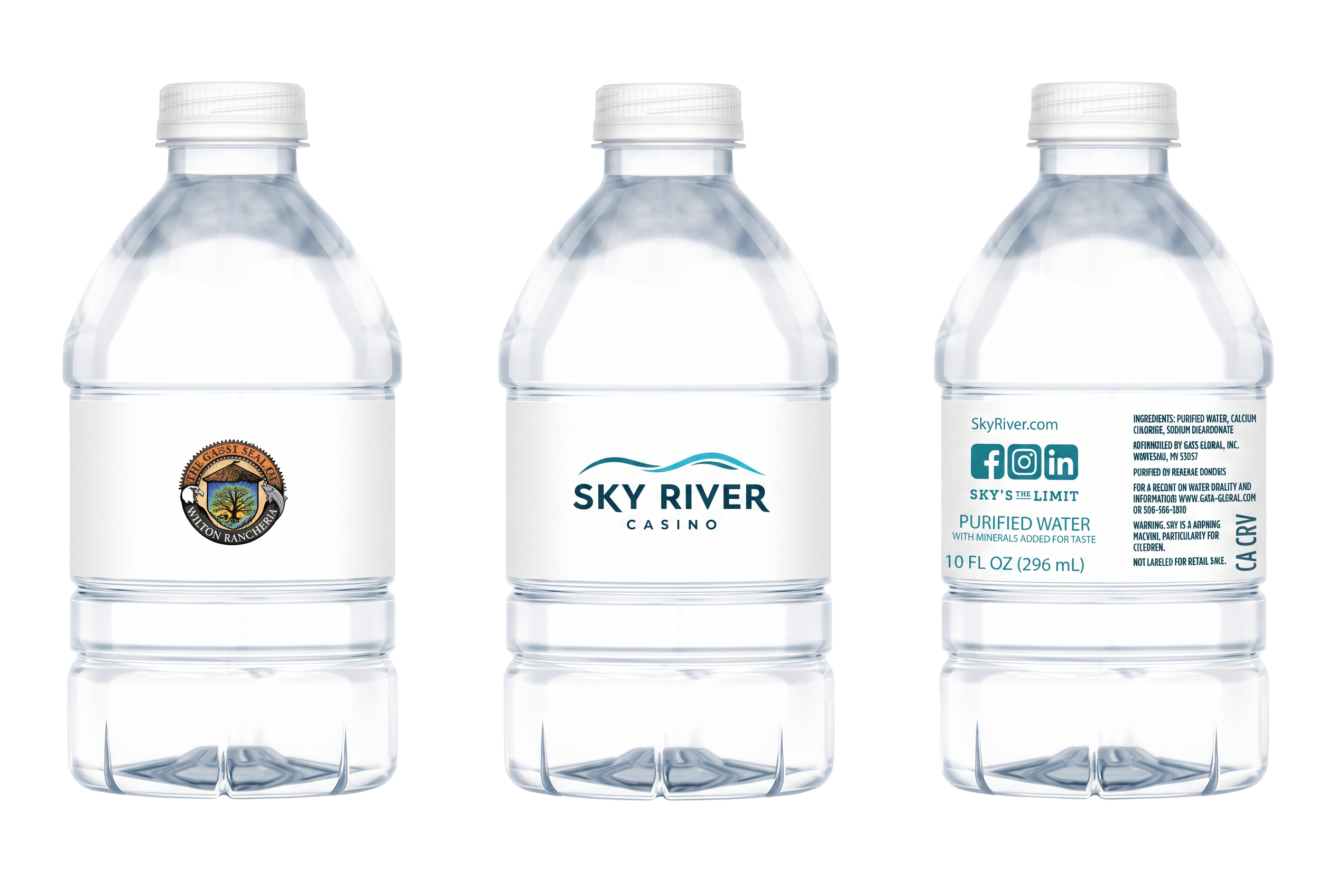 Three isolated Sky River Casino private-label plastic water bottles